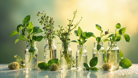 six natural plants in glass vials on a calm, softly lit surface