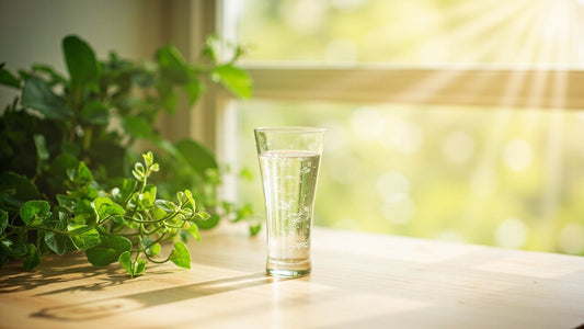 flacon cu supliment lichid lângă plante verzi, lumină naturală, atmosferă calmă