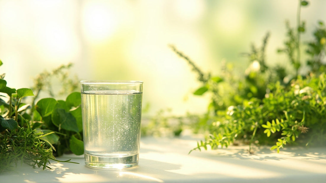 sticluță cu supliment lichid și plante naturale pe fundal calm, lumina caldă