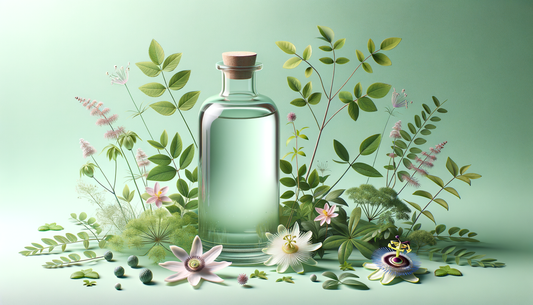 flacon cu supliment lichid înconjurat de șase plante pe fundal verde deschis